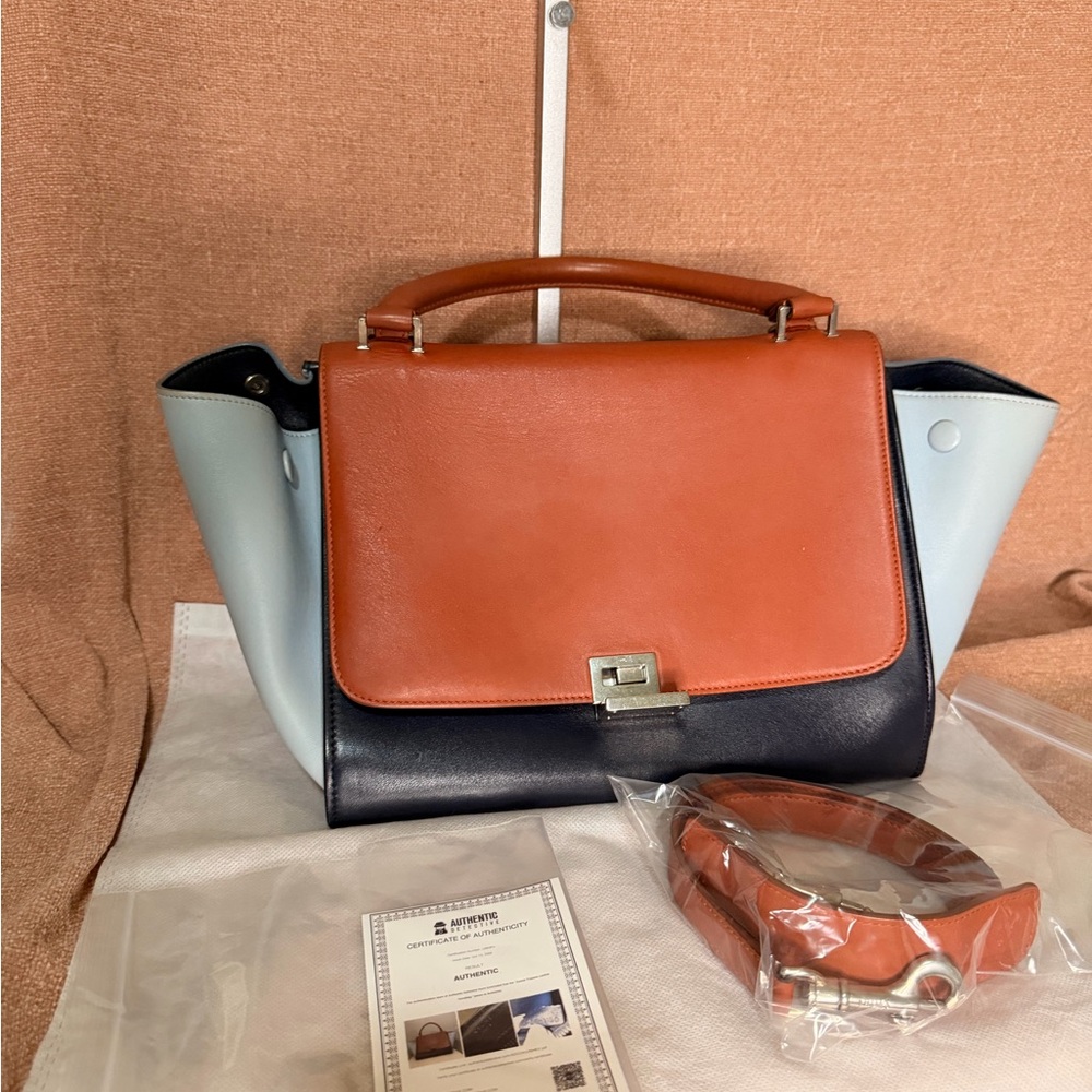 CELINE Trapeze Small Leather 2way Shoulder Bag Sky Blue& Navy & Brown - Picture 5 of 16